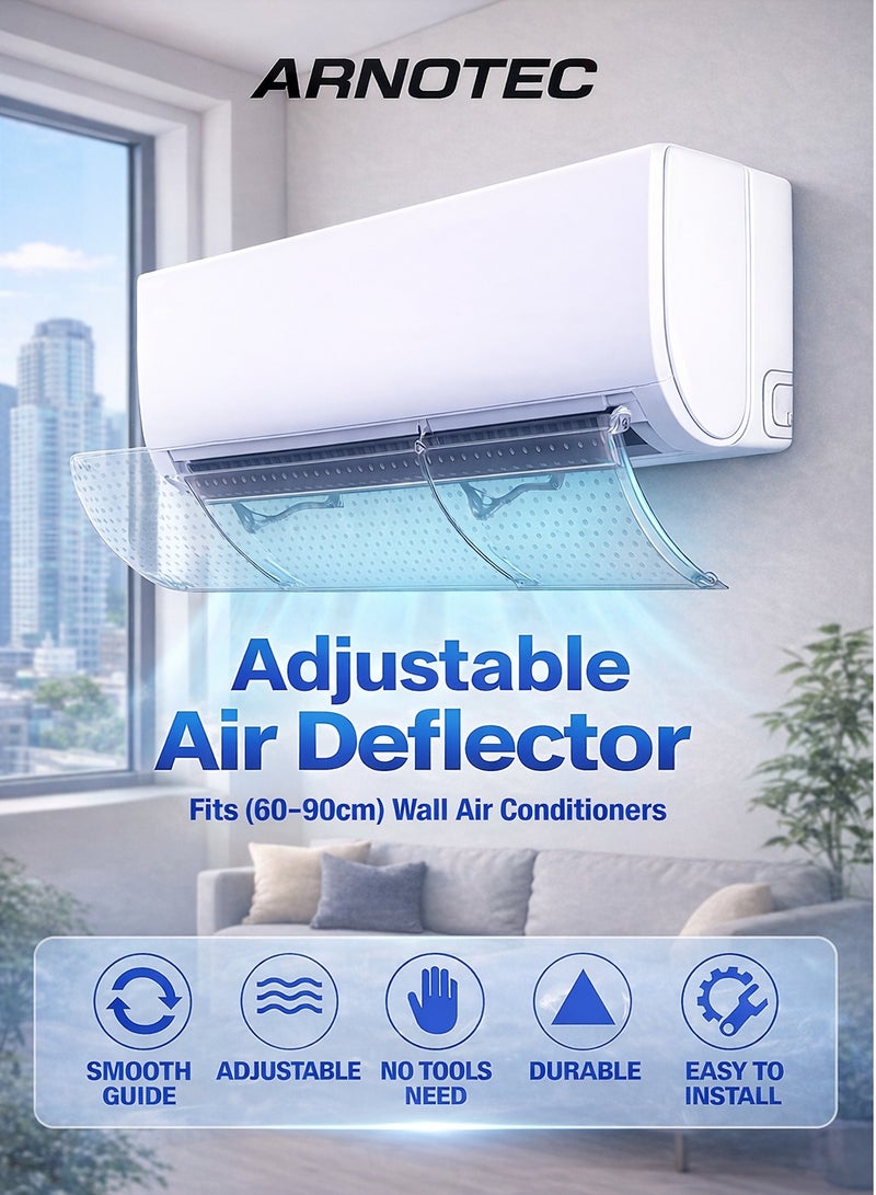 ARNOTEC حاجز هواء مكيف هواء شفاف، غطاء مكيف قابل للتعديل بدون حفر، تصميم مضاد للهواء المباشر مع لوحة تدفق هواء مثقبة، ملائم عالمي للوحدات المثبتة على الحائط (60–90 سم) - Image 1